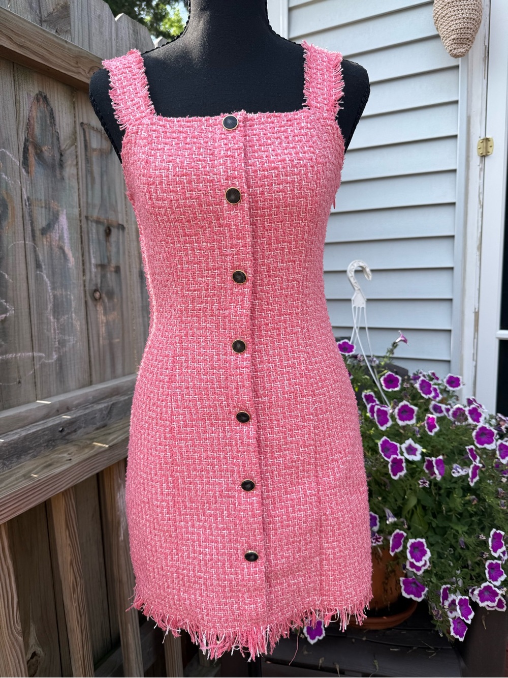 Miami Pink Tweed Button-Front Mini Dress
